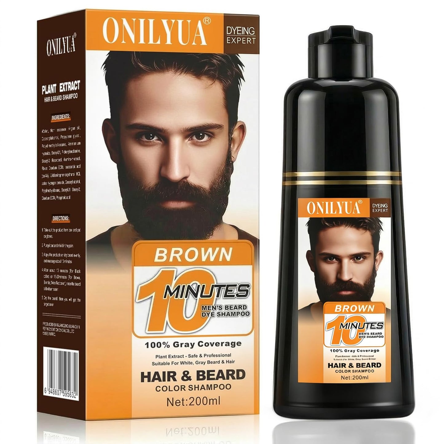 Beard Dye For Men, 10-Minute Instant Gray Coverage, 3 in 1 Brown Mens Beard & Mustache Dye Shampoo with 4-6 Weeks Lasting Color, Nourishing with Argan Oil & Noni Fruit, No-Mess Application 6.76 Fl Oz
