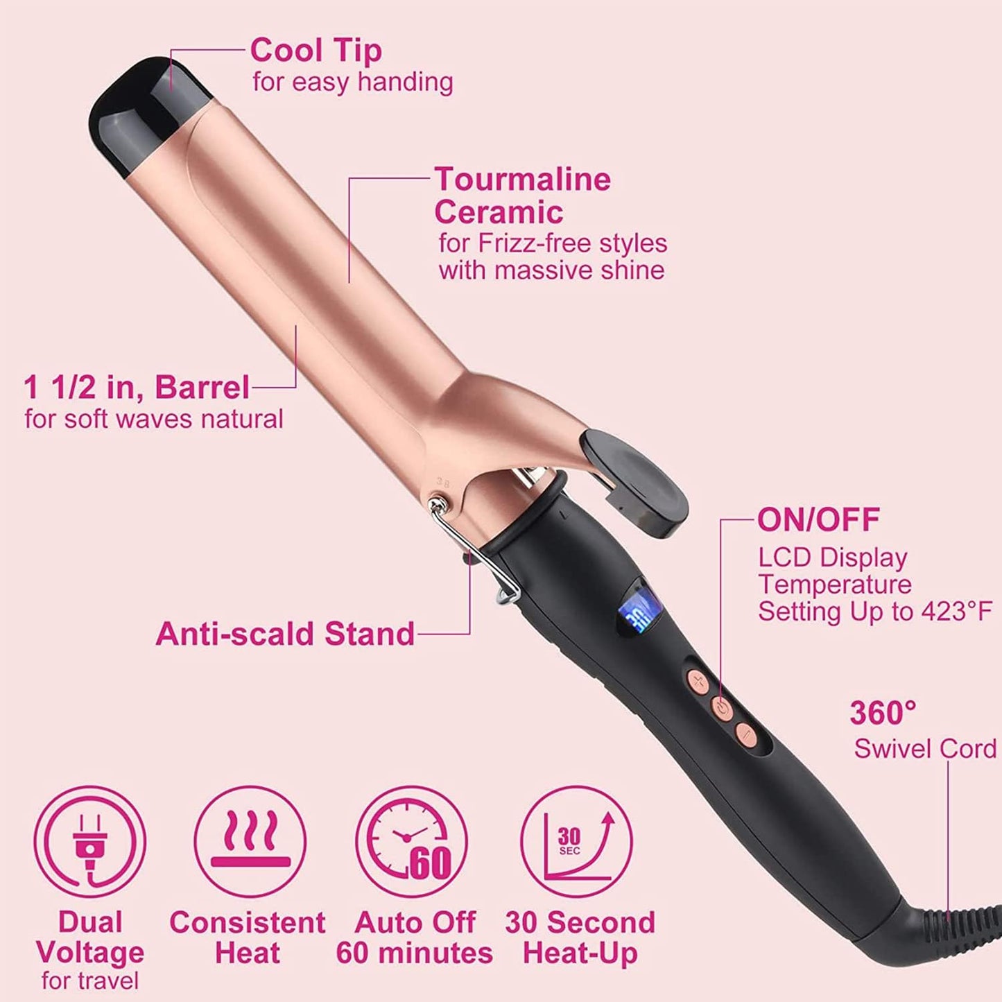 Curling Iron Set - 38mm Hair Curling Wand with Gloves & Comb | Instant Heat, LCD Display, Adjustable Temperature
