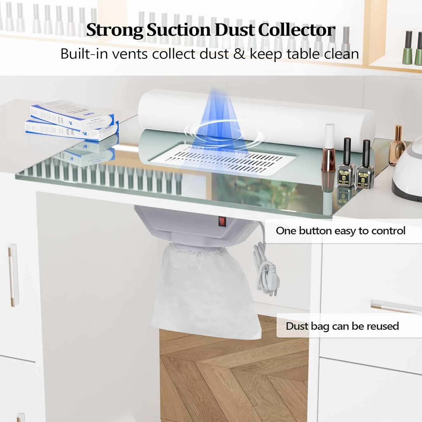 OmySalon Manicure Table - Glass Top Nail Desk with Wrist Rest & Storage | Acetone Resistant, White