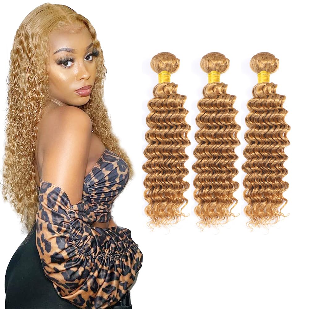 24 26 28 Inch #27 Blonde Bundles Human Hair Deep Wave 3 Bundles Brazilian Remy Hair 50 Grams/Bundle 10A Grade Unprocessed Virgin Hairs Honey Blonde Deep Wave Bundle Weaves Extensions for Women
