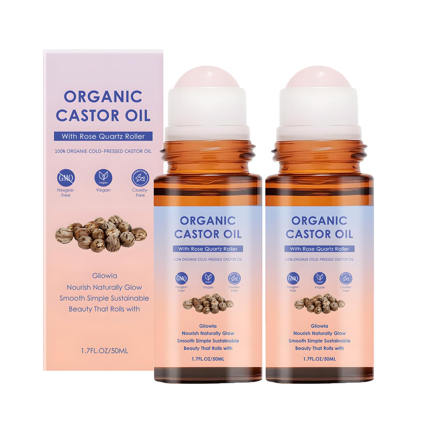 Organic Castor Oil Roll On,Castor Oil Rose Quartz Roller Ball,100% Castor Oil Organic Cold Pressed,On for Face, Neck & Under Eye Care, Smooth-Glide Massage Roller (2pcs)