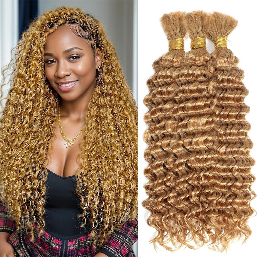 #27 Blonde Human Braiding Hair for Boho Braids 150g 3 Bundles 28 28 28 Inch Honey Blonde Deep Wave Bulk Hair No Weft #27 Curly Human Hair Extensions for Braids Wet and Wavy Braid