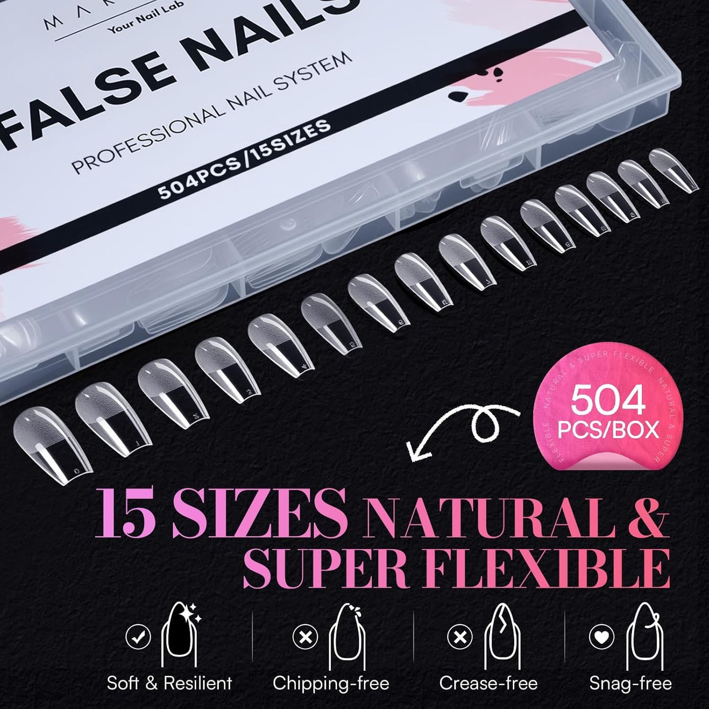 Coffin Nail Tips - 504 PCS Pre-Etched Clear Acrylic Full Cover | 15 Sizes for Salon & DIY Use