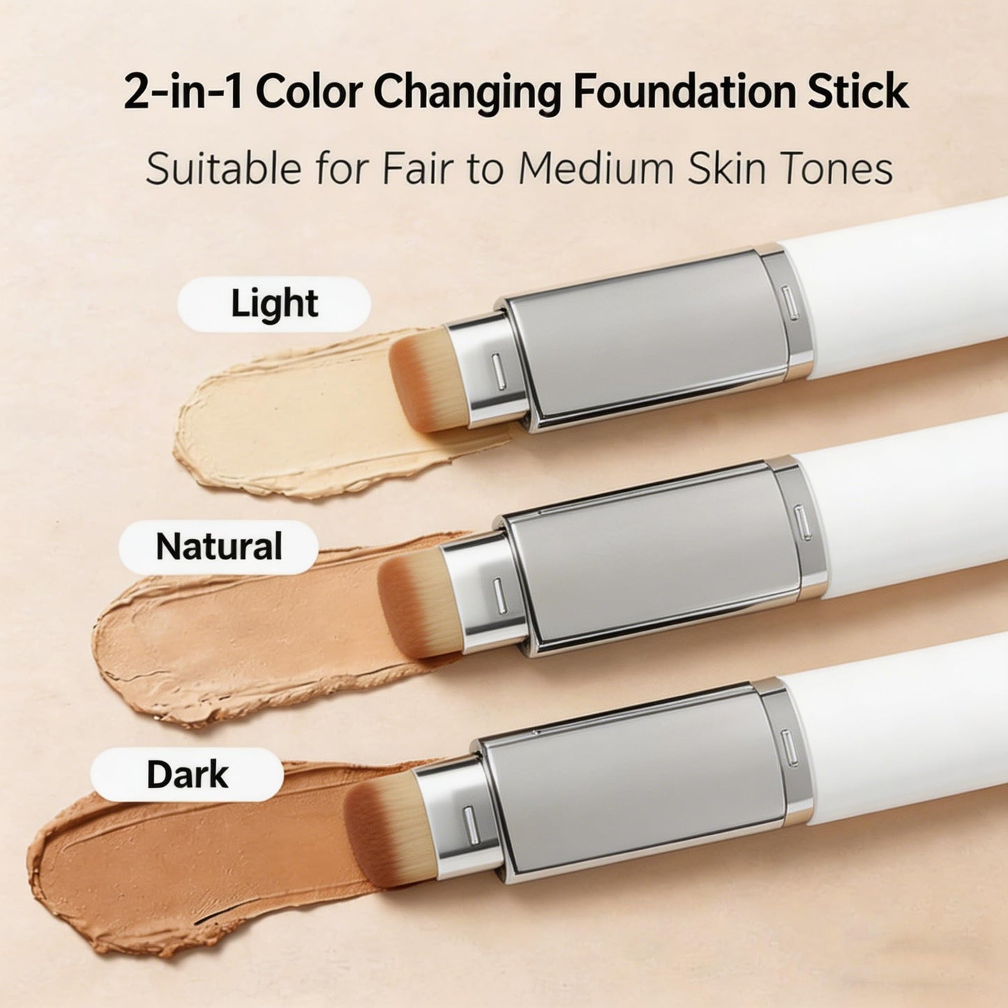 Skin Matching Foundation, Color Changing Foundation Stick, 2 in 1 Concealer Stick with Brush, Full Coverage Dual-Ended(Natural)
