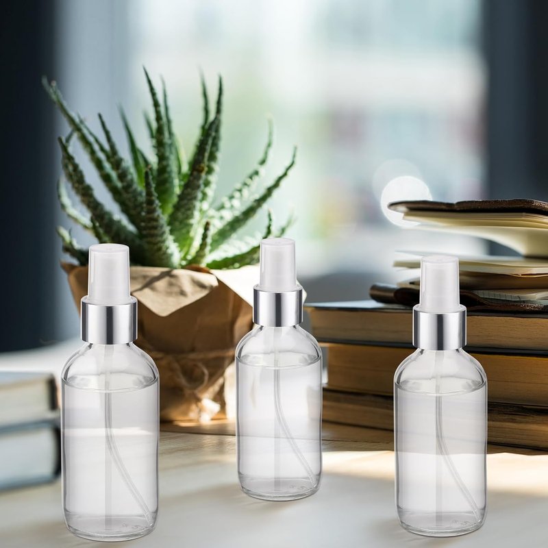 Fumete Glass Bottles 4oz - Refillable Liquid Containers for Essential Oils | Includes Label & Funnel, Clear with Silver Top