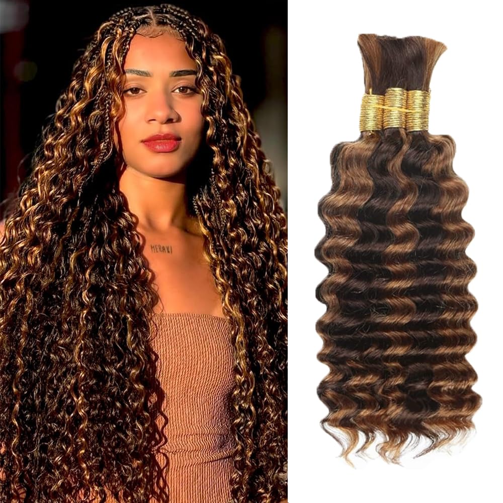 32 32 32 Inch P430 Highlight Brown Human Braiding Hair Deep Wave Bulk 150g/3 Bundles Light Dark Brown Deep Wave Braids Human Hair Extensions