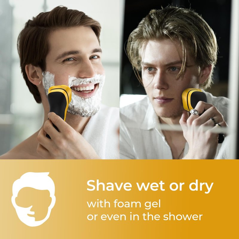 rategist Rechargeable Electric Razor for Men: 3-in-1 Shaver for Beard/Nose/Sideburns - IPX7 Waterproof Travel Kit - Turbo Speed & Precision Blades,Cyber Yellow