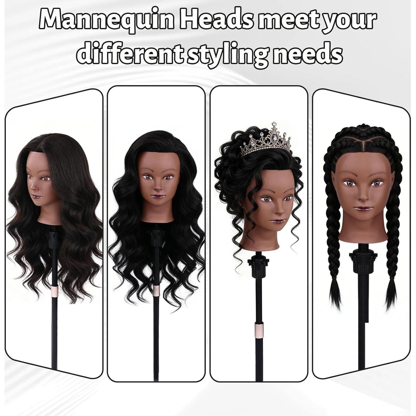 26'' Black Human Hair Mannequin Head for Cosmetology | Styling Doll with Clamp Holder & Tools Set