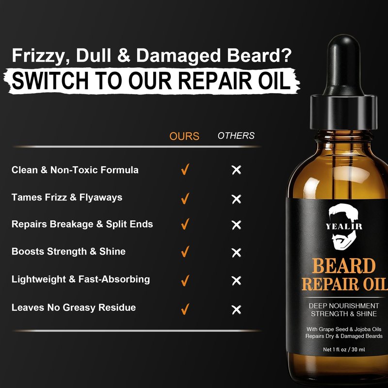 YEALIR Repair Beard Oil for Men - Repairs Breakage & Split Ends, Softens and Strengthens Dry & Damaged Beard, Lightweight, Non-Greasy, Beard Conditioner with Squalane & Argan Oil, Unscented, 1 Oz