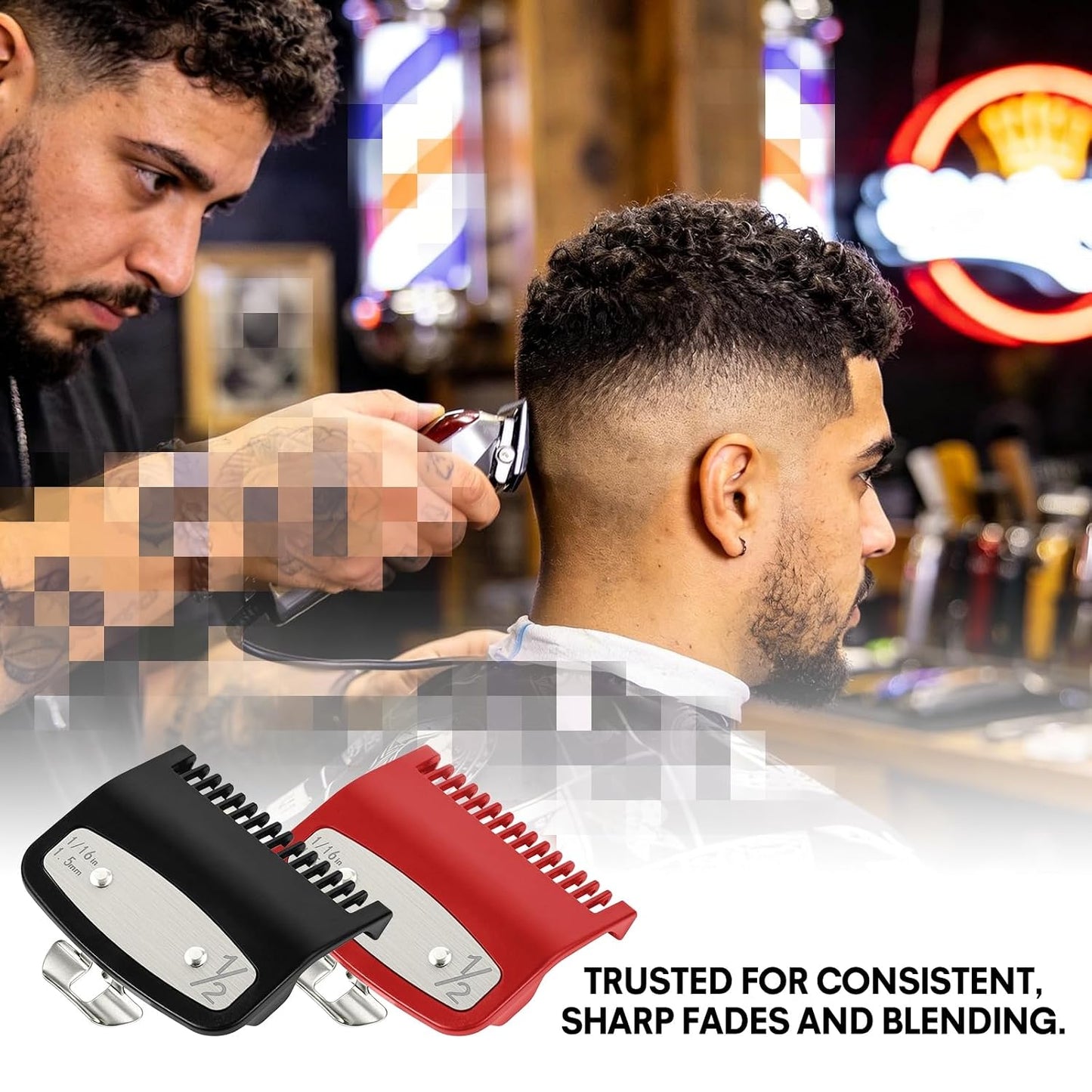 Clipper Guards Set - 2 Pack Compatible with Wahl Hair Clippers | Metal Guide Combs 1/16” 1.5mm for Barbers & Stylists - Black & Red