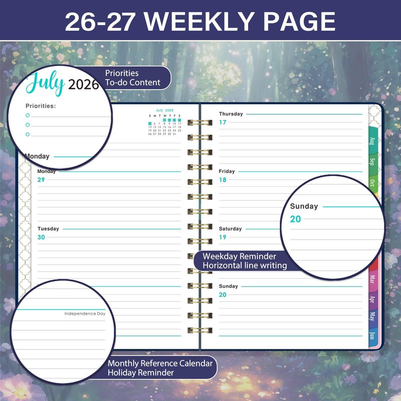 Planner 2026-2027 - Academic Planner 2026-2027 from Jul.2026 - Jun.2027, 8.5'' X 6.4'', Weekly Monthly Planners 12 Month with Colorful Tabs, Back Pocket - Forest Path