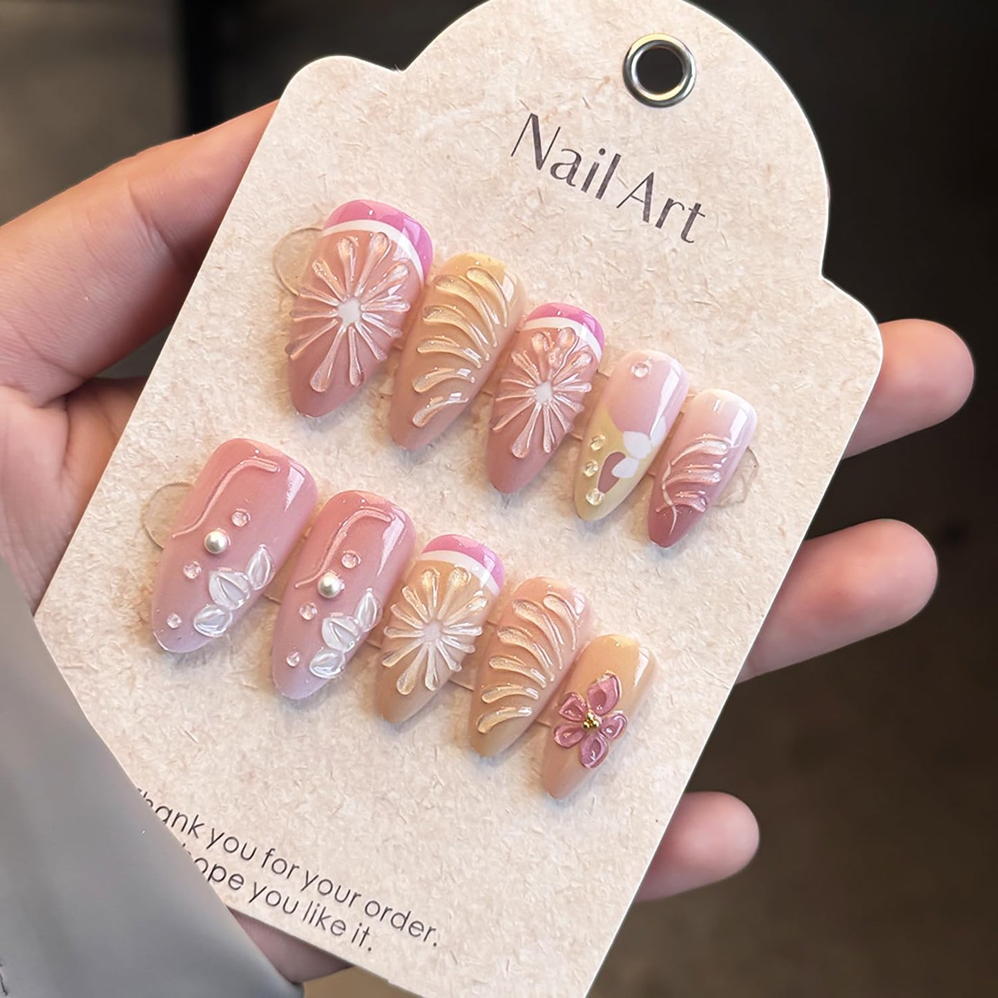 24Pcs Summer Press-On Nails - Medium Almond 3D Lemon Flower Acrylic with Gold Beads | Cute Floral Full Cover