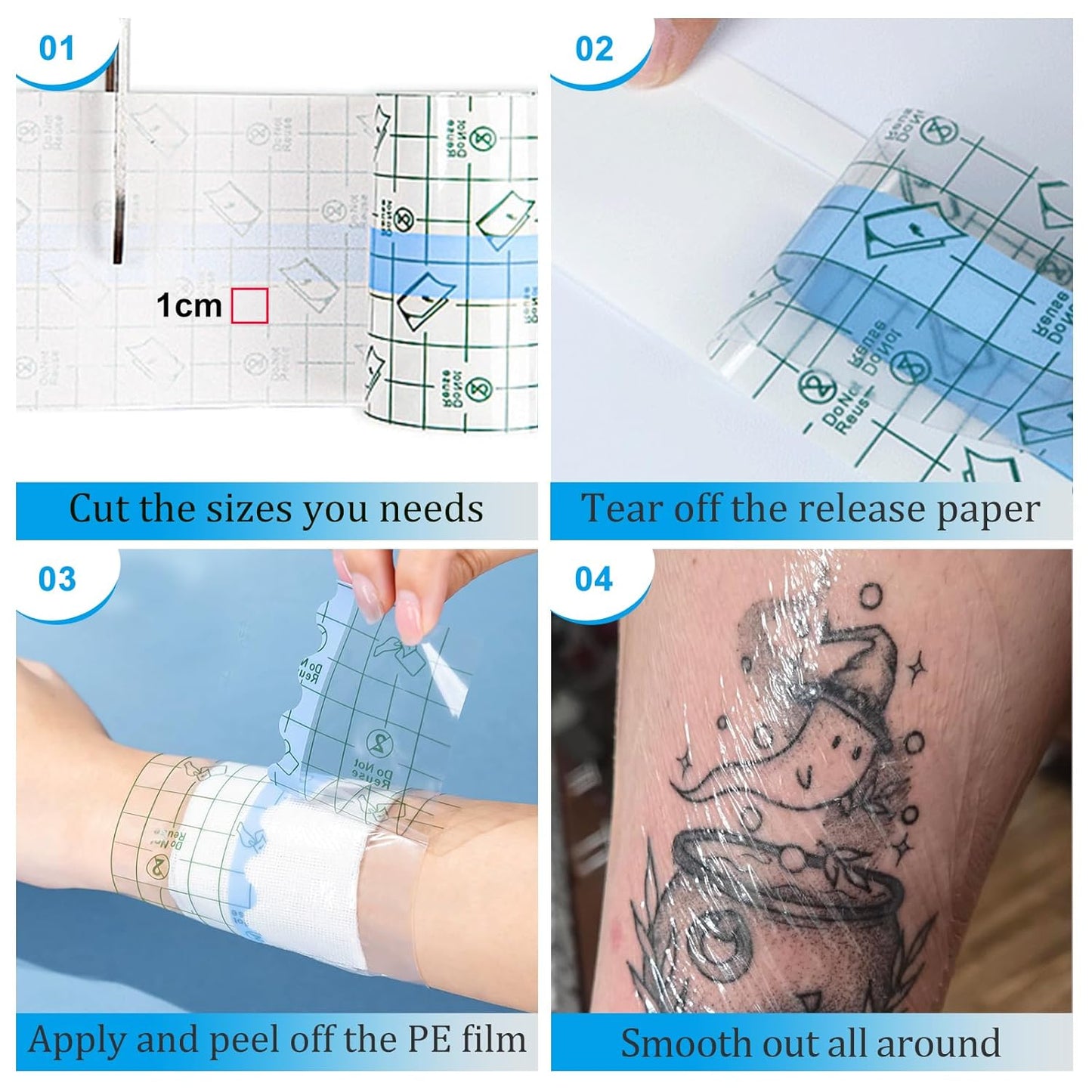Emalla Waterproof Tattoo Cover - 9 Rolls Second Skin Aftercare Bandage | 2", 4", 6" x 2.2 Yards for Healing & Swimming