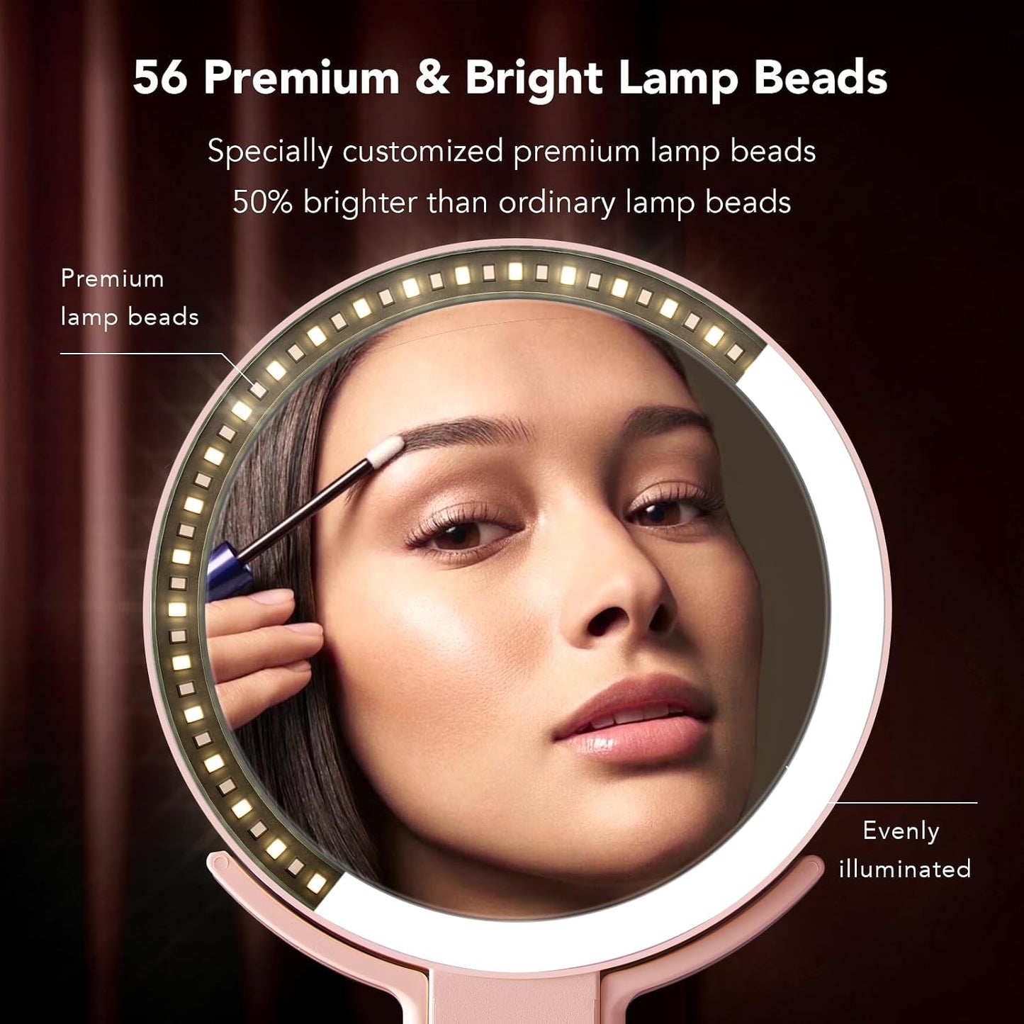 Travel Makeup Mirror with Lights - Rechargeable Double-Sided 10X/1X Magnifying | Portable Dimmable Touch Screen (Pink)