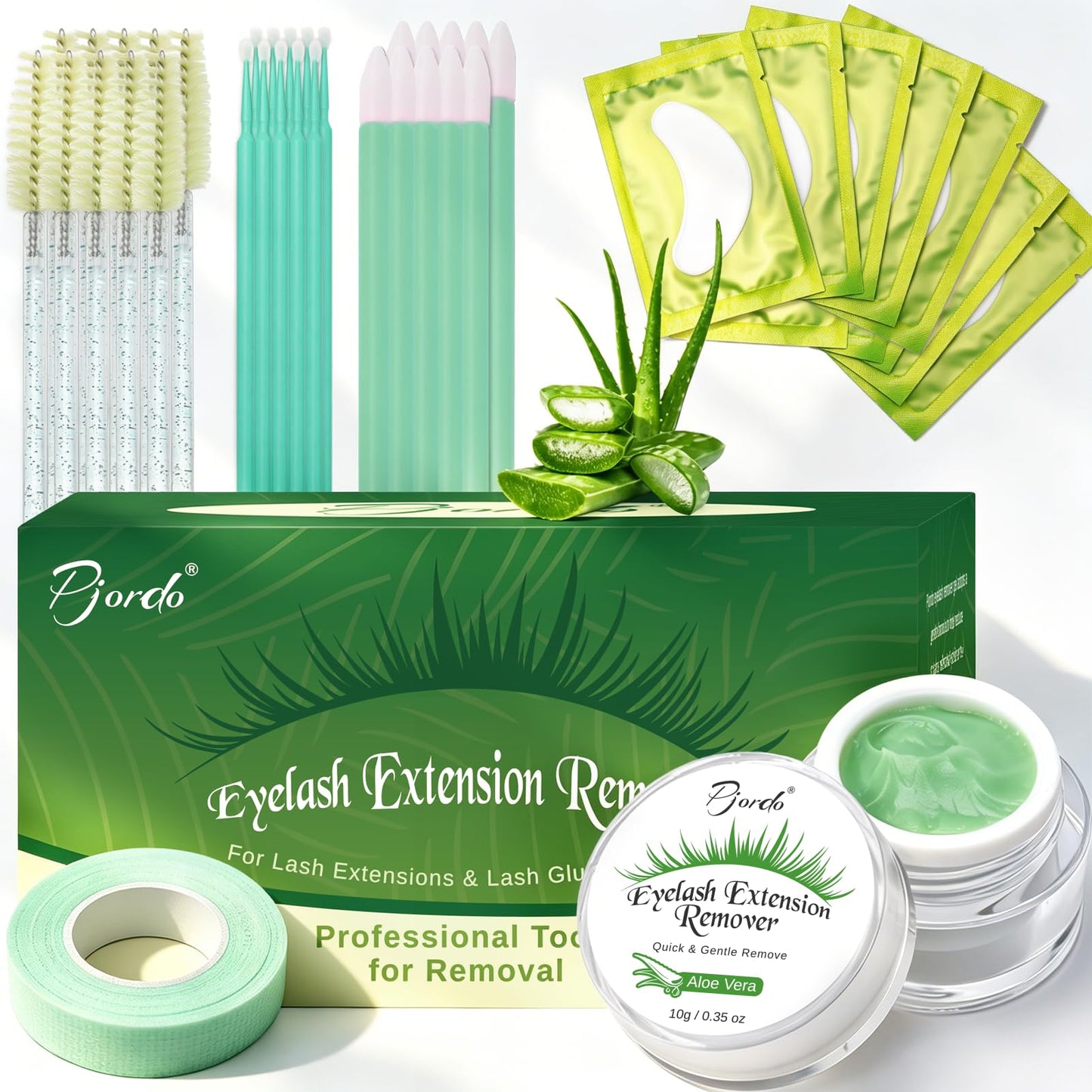 Pjordo Eyelash Extension Remover Set, 10g Lash Extension Remover with Gentle Formula, Quick Dissolution & Non-Irritation, Professional Eyelash Removal Tool Set Suitable for Beginners (Aloe)