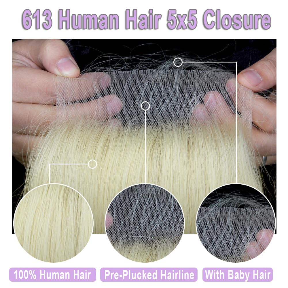 Mstoxic 613 Closure Straight Blonde 5x5 HD Lace Closure Human Hair Extensions 12A Brazilian Virgin Remy Free Part 100% Blonde Human Hair Pre Plucked With Baby Hair 16 Inch