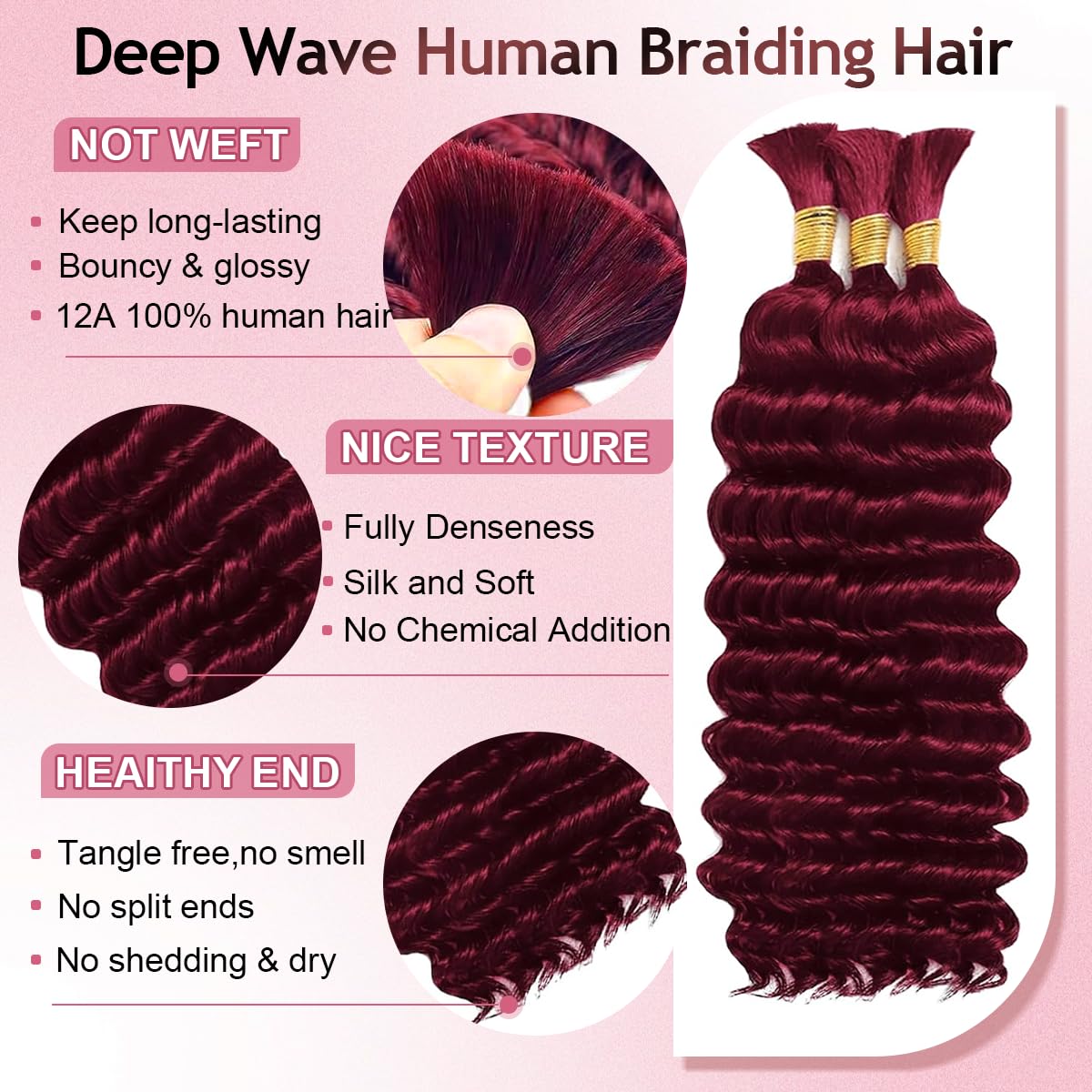 FONFUNY Human Braiding Hair for Boho Braids 120g Deep Wave Boho Bulk Human Hair for Braiding Knotless 12A Curly Wet and Wavy Bohemian Braids No Weft 3 Bundles/Pack Burgundy 22 Inch