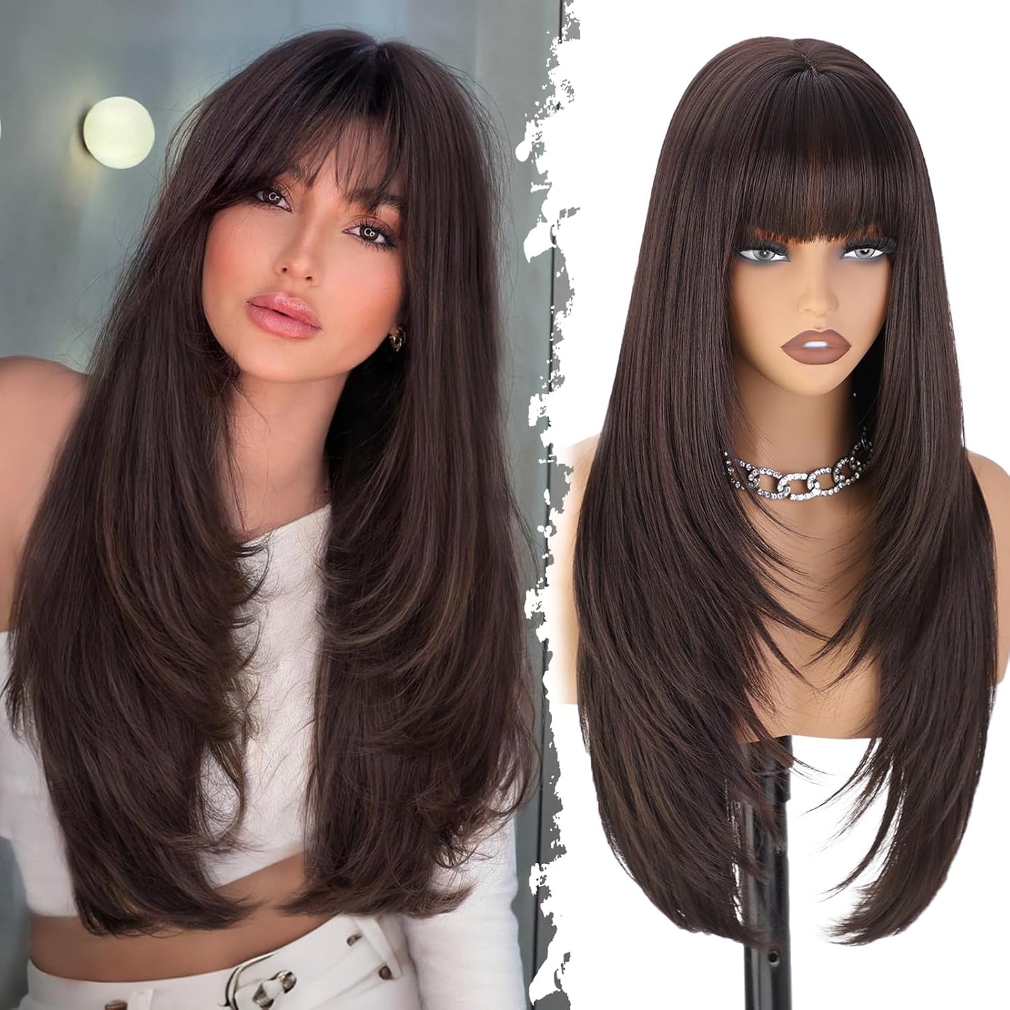 Brown Wig with Bangs for Women - 4x4 Realistic Scalp, Heat Resistant, 26 Inch Long Layered Synthetic Wig | Natural Dark Brown for Daily Use & Cosplay