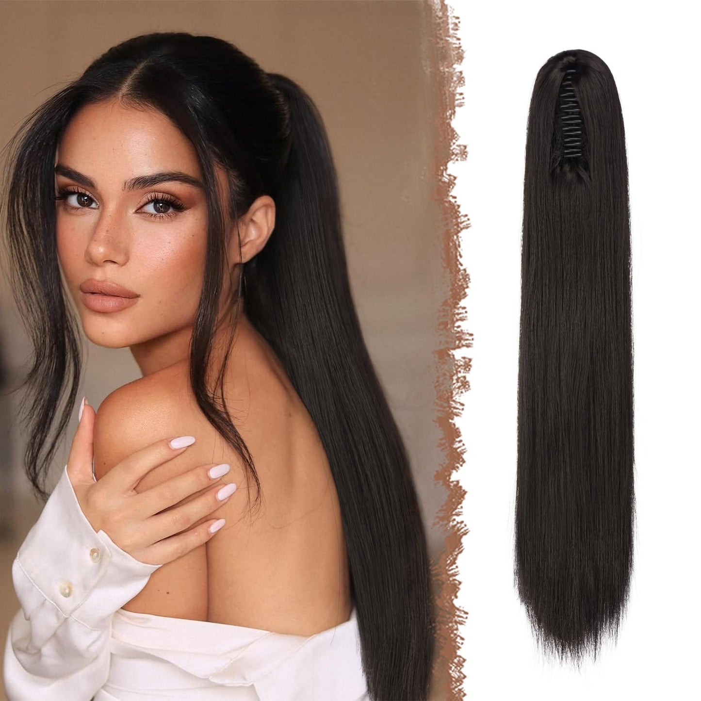 Claw Ponytail Extensions - Long Dark Brown Straight Hairpieces | 25-Inch Synthetic Clip-In Tails