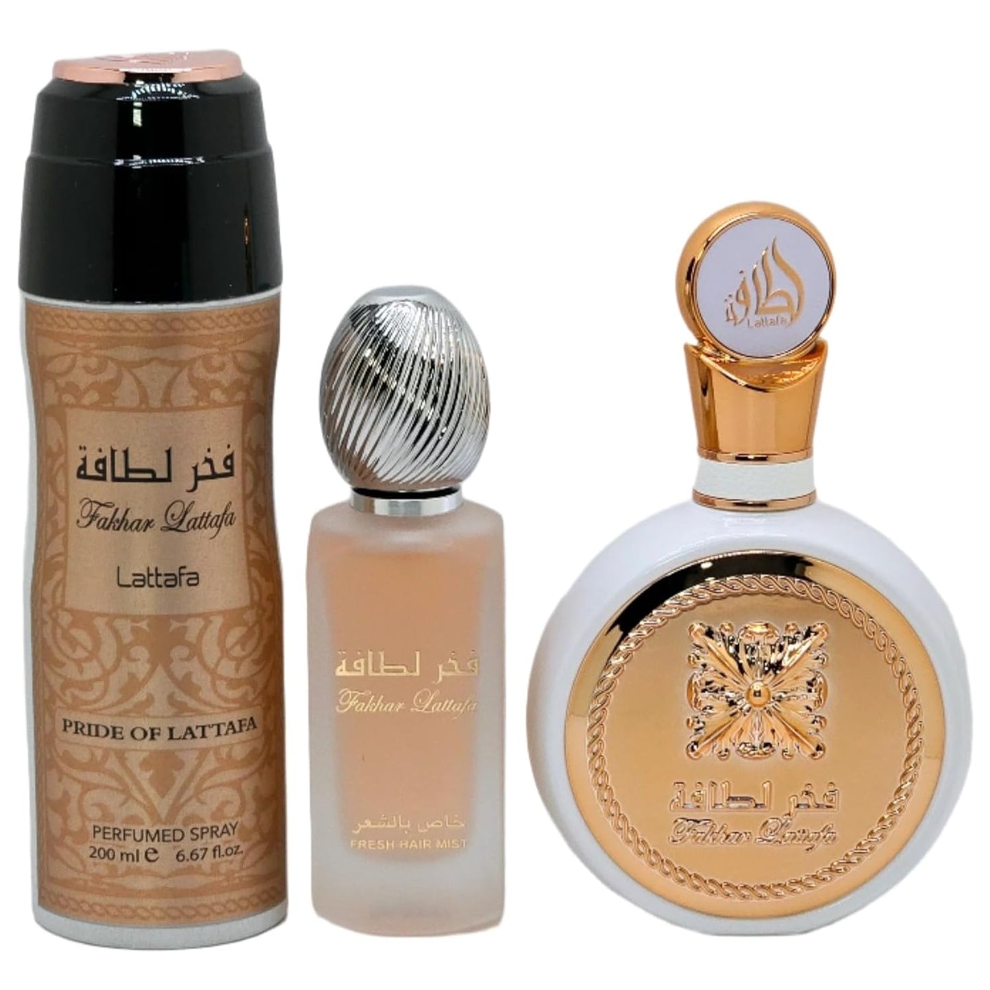 Lattafa Fakhar for Women - 3 Piece Fragrance Set | Eau de Parfum, Hair Mist & Deodorant Spray (3.4 Oz, 1.7 Oz, 6.7 Oz)