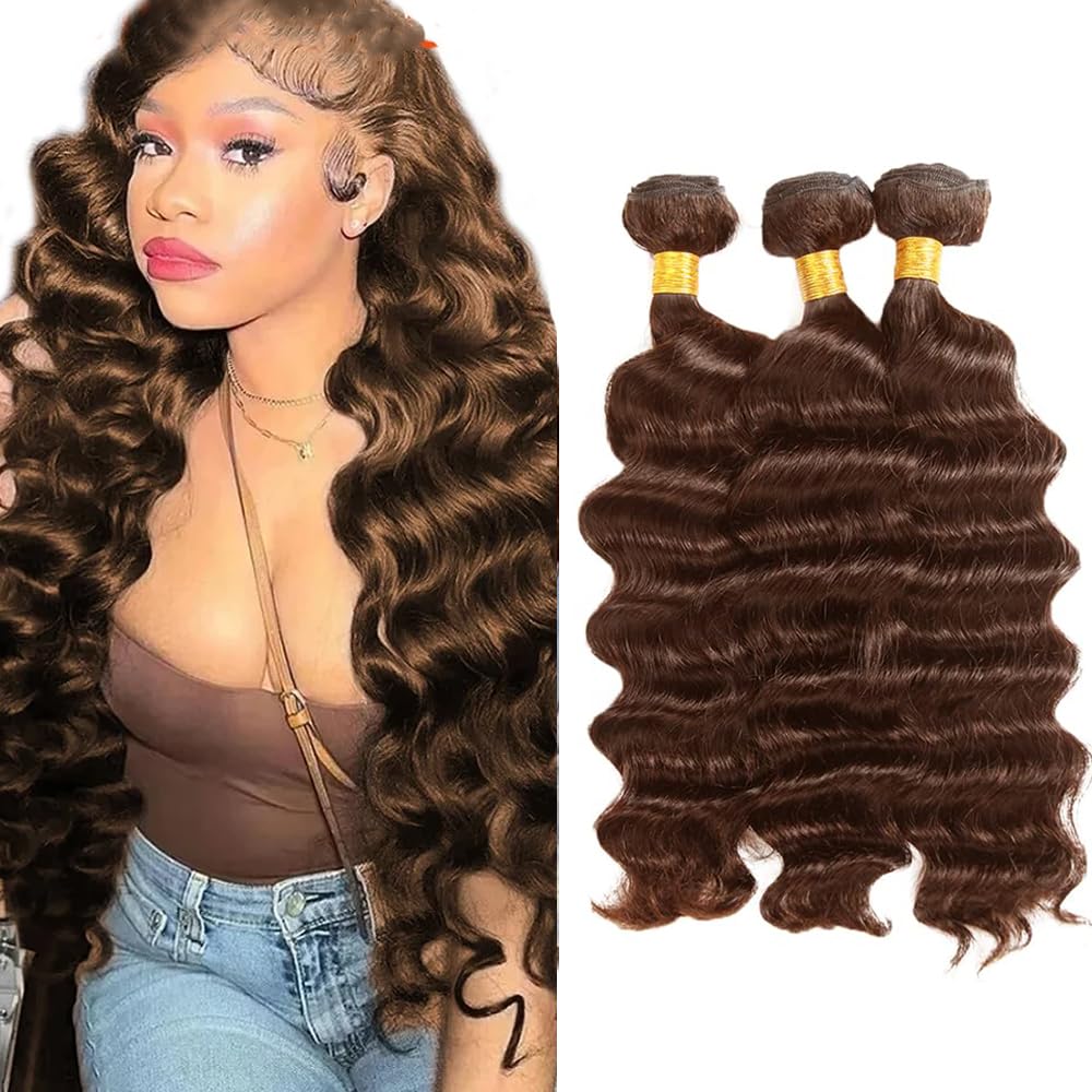 #4 Brown Bundles Human Hair Chocolate Deep Wave Bundles 28 30 32 Inch Unprocessed Brazilian Virgin Hair 3 Bundle 50 Gram Per Bundle Deals Quick Weave Hair Extensions