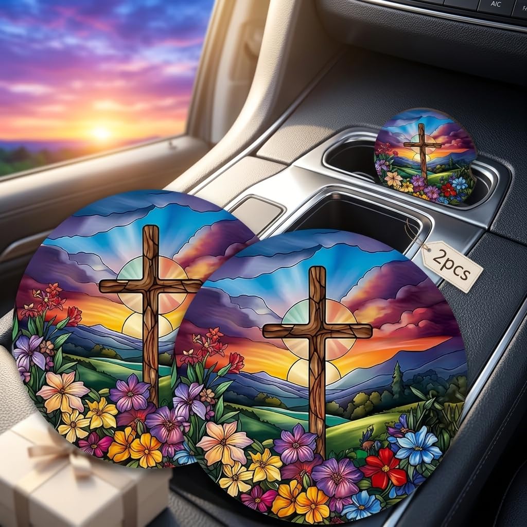 2pcs Floral Cross Car Coasters - 2.75 Inch Sunset & Cross Design, Durable Car Interior Accessories for Car Cup Holder Coaster for Friends Vibrant Sunset Easter Decor