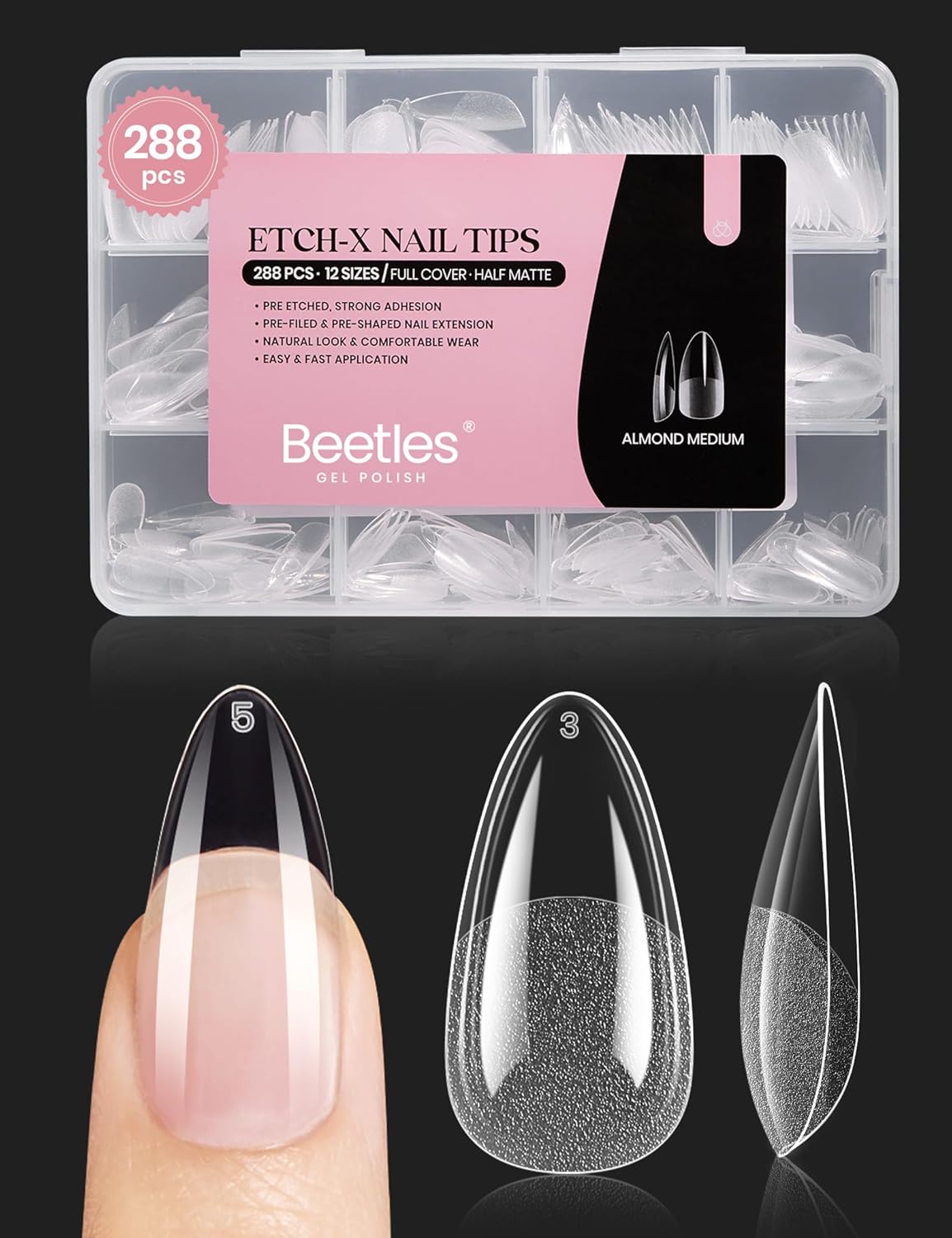 Almond Nail Tips - 288 PCS Clear Full Cover Pre-Shaped Gel Extensions for Nail Art | 12 Sizes Available