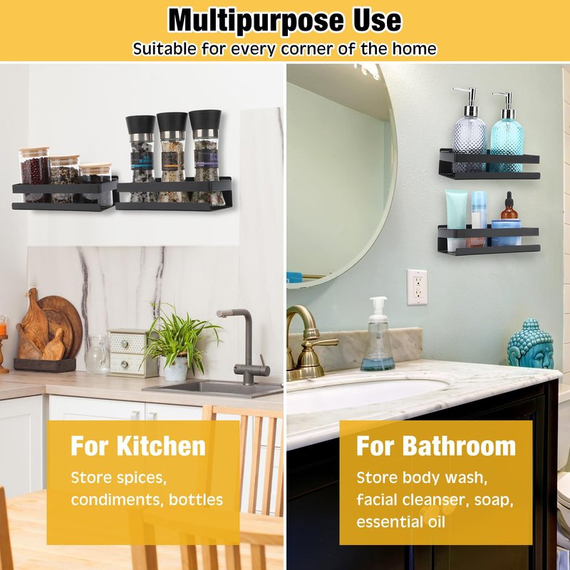 Lallisa 2 Pieces Stainless Steel Shelf Bathroom Shower Floating Shelves Wall Mounted Shower Caddy Basket Shelf Storage Organizer Shelves for Bathroom, Kitchen, Living Room(7.87 Inches/ 20 cm,Black)