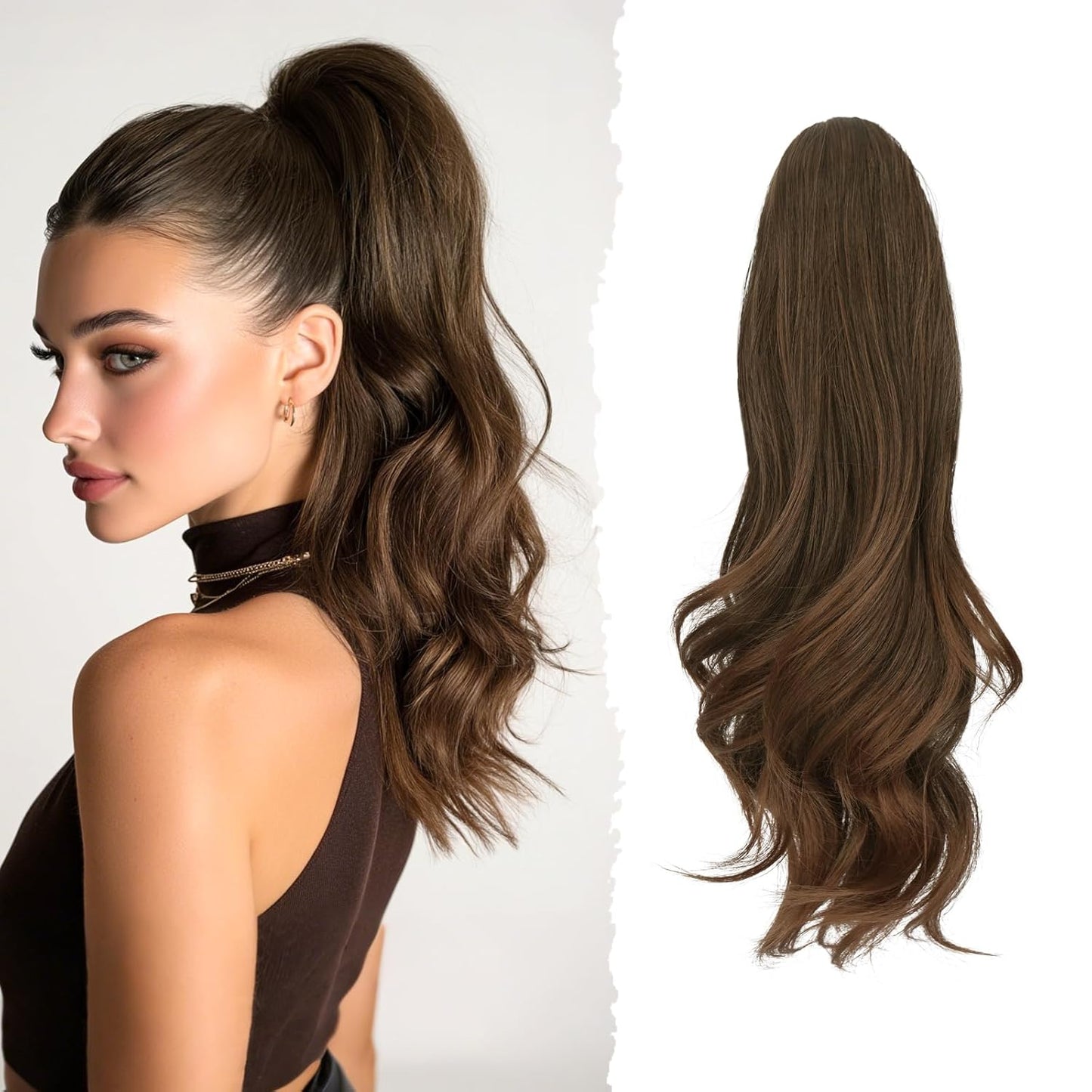 Sofeiyan Claw Clip Ponytail Extension - 16" Curly Wavy Synthetic Hairpiece | Medium Brown & Light Auburn