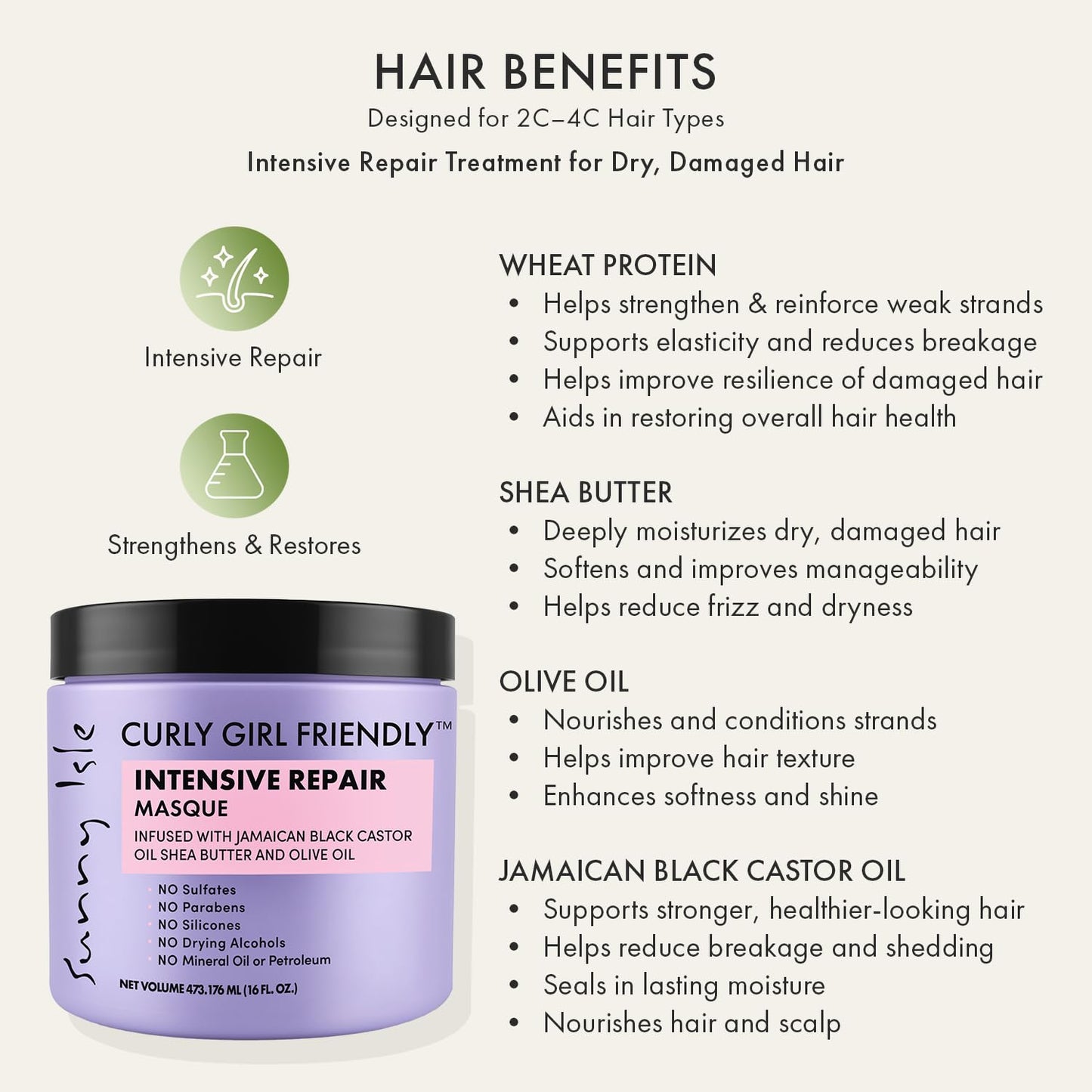 Curly Girl Friendly Intensive Repair Masque - Deep Conditioning Treatment for Curly, Wavy & Coily Hair | Jamaican Black Castor Oil & Shea Butter, 16oz