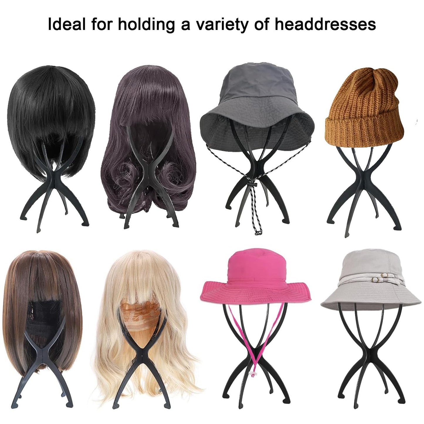 Wig Stand Portable Wig Holder Foldable Wig Head Stand for All Wigs Travel Wig Drying Rack for Women Short Hair Wigs Stylist Tool Black