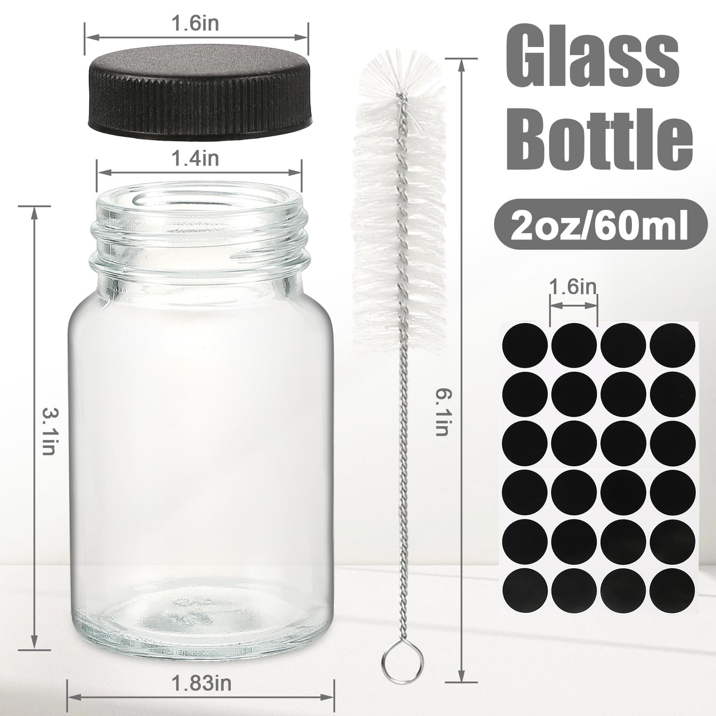 2 oz Glass Shot Bottles Black Lids & 24 Labels And Brush-Small Clear Jar for Ginger,Juice, Sample, Whiskey-Travel Essentials Mini Bottles-Wide Mouth, Leakproof,Wellness Shot,Dishwasher Safe (9)