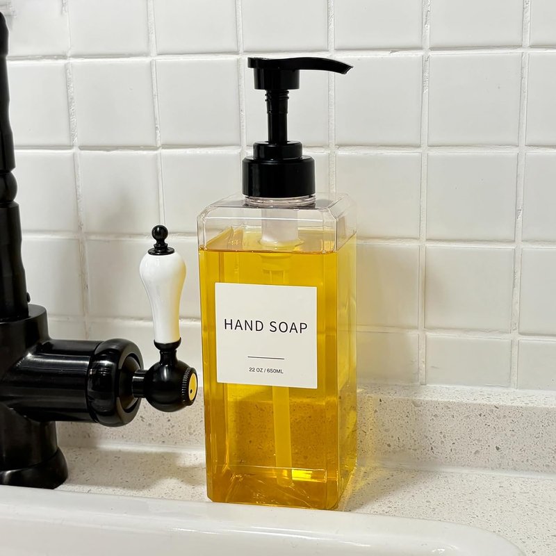 Clear Soap Dispenser - Waterproof Labels & Thickened Plastic | 22oz 2-Pack for Bathroom & Kitchen
