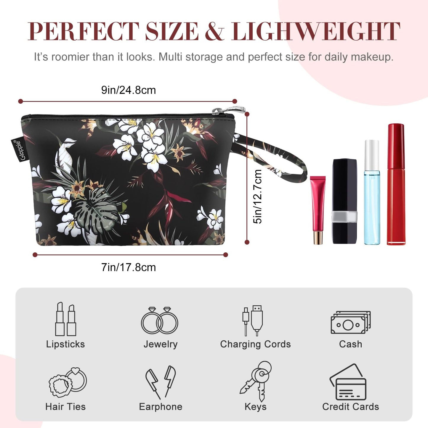Gloppie Small Makeup Bag for Purse Portable Cosmetic Bag Aesthetic Floral Makeup Pouch Wristlet Pouch for Women Big Red Flower