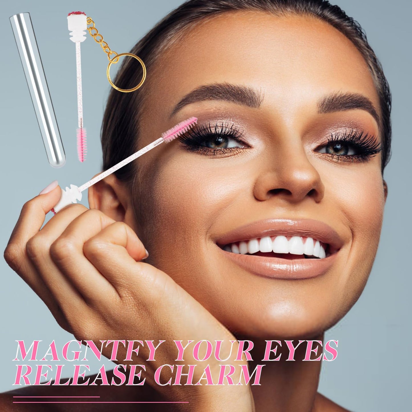 Mekupeu 20pcs Mascara Wands Set Crystal Eyelash Spoolies Eyebrow Brush and Reusable Diamond Key Chain Tube Eyelash Extension Supplies (Pink)