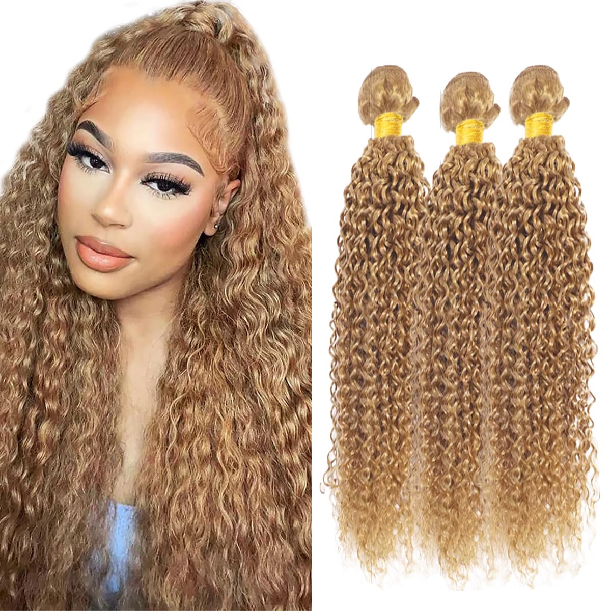 Color #27 Bundles Blonde Curly Human Hair Extensions 20 20 20 Inch 8A Grade Peruvian Virgin Remy Hair 3 Bundles Honey Blonde Bundle Double Weft Hair Weave