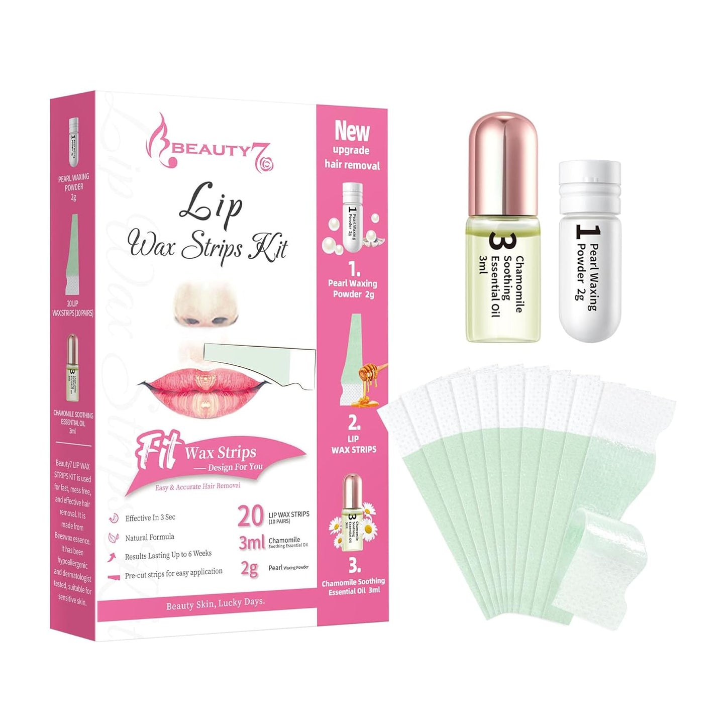 Beauty7 Lip Wax Strips - Facial Hair Removal for All Skin Types | 20 Pcs with Pearl Powder Oil