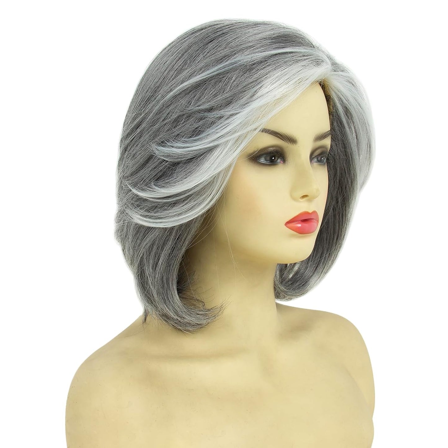 Grey White Highlight Wigs for Women - Heat Resistant Synthetic Hair | Natural Wave Cosplay & Daily Use (Silver Gray)