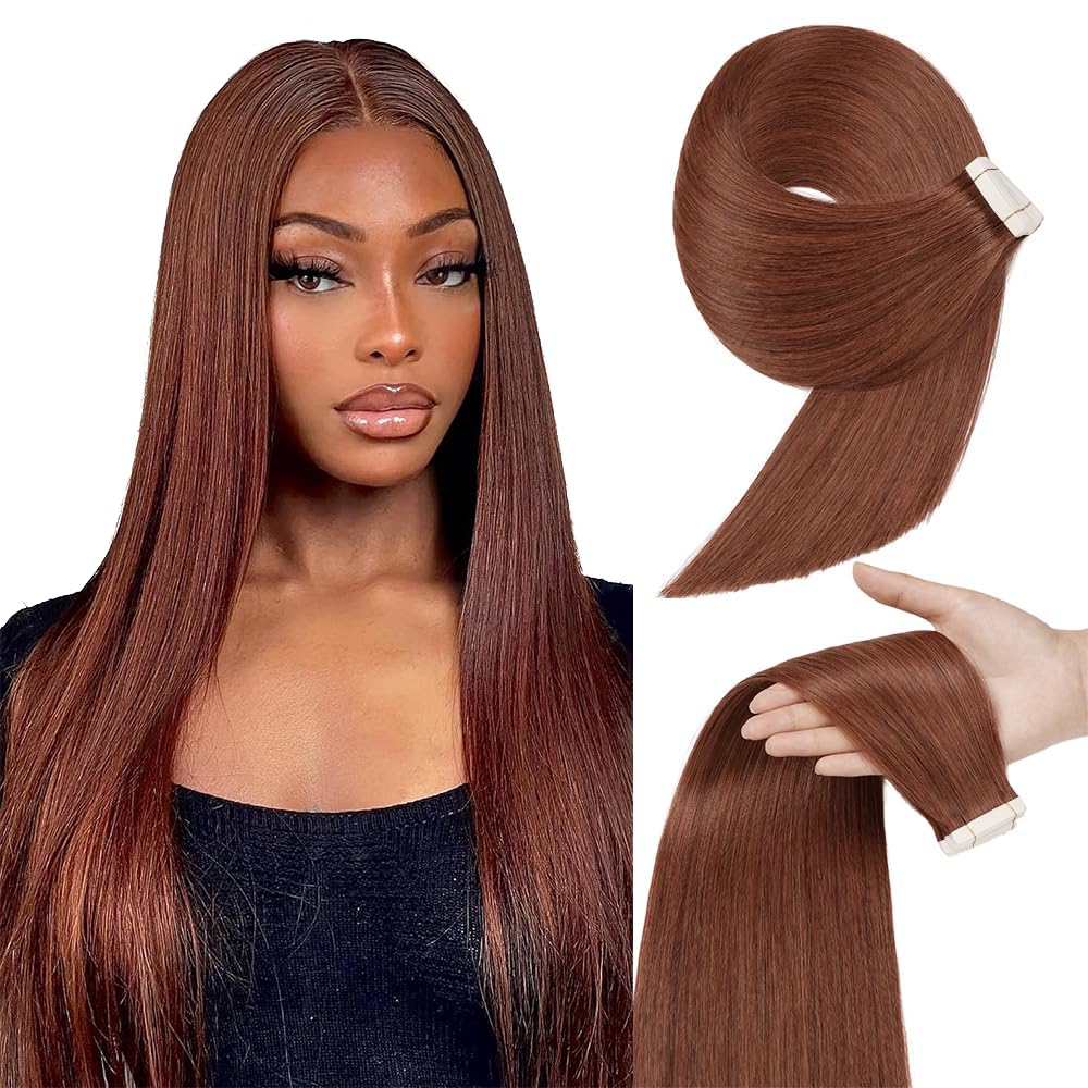 26 Inch #33 Reddish Brown Tape in Extensions Human Hair Copper Straight Tape ins Hair Extensions Auburn Brown Hair Skin Weft Remy Hair 40g 10Pcs.