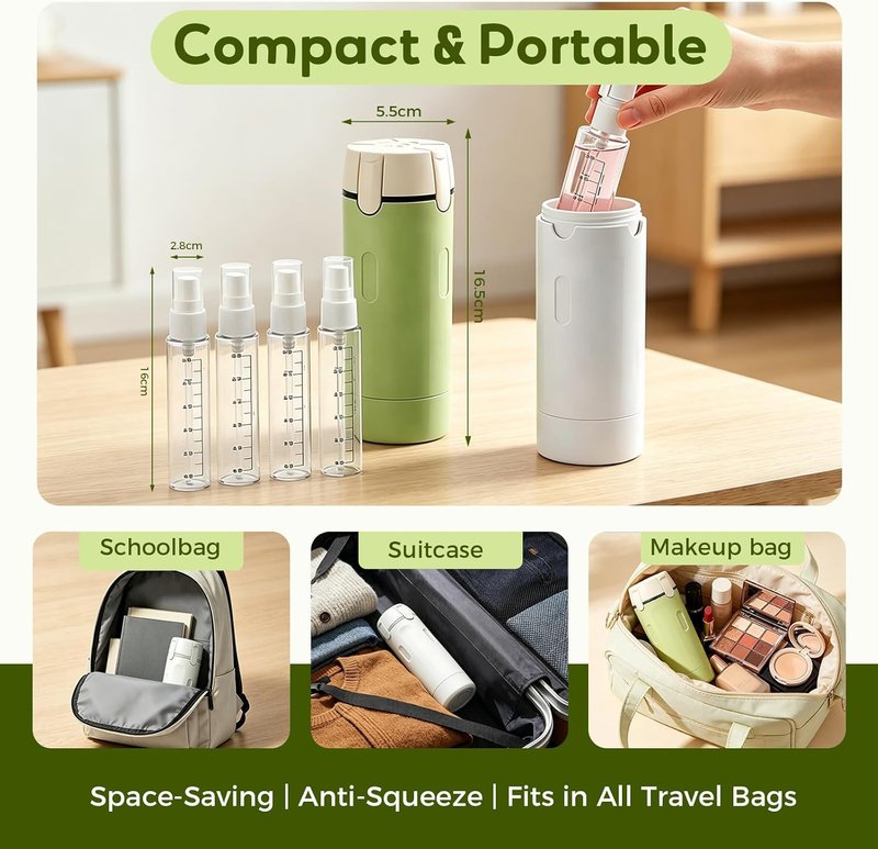 Travel Dispenser Bottle Set - 4 in 1 Refillable Containers for Shampoo, Lotion & Conditioner | Portable Travel Size (2 Pack, White & Green)