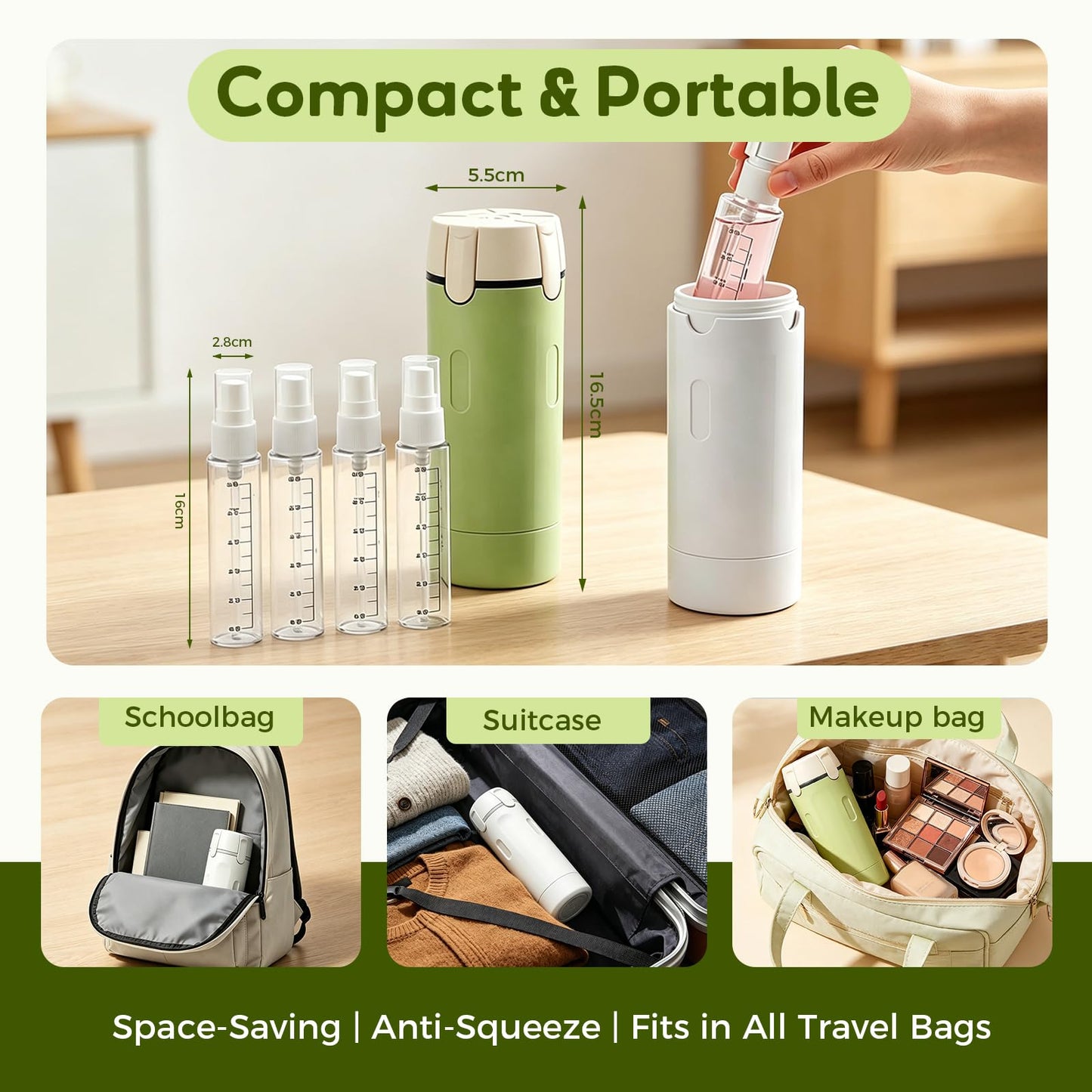 Sniqafo 4 in 1 Travel Dispenser Bottle, Portable Refillable Travel Size Containers with Labels for Shampoo Lotion Conditioner, Perfect for Gym Camping Business Trip Vacation (2 Pack, White+Green)