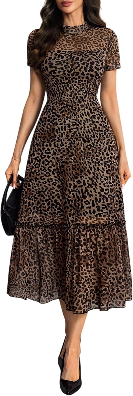 Floral Mesh Ruffle Maxi Dress for Women - Casual Summer Wedding Guest Dress | Short Sleeve, Waist-Cinched