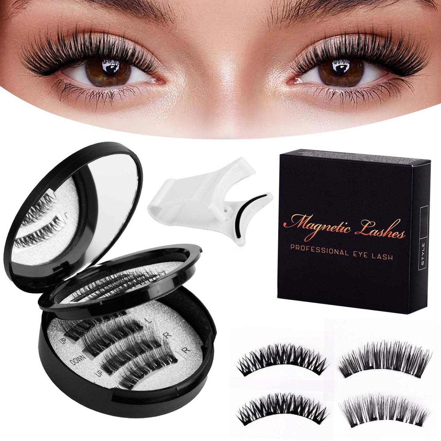 Magnetic Eyelashes Kit with Applicator 2 Pairs, No Glue Needed Reusable Fake Lashes Easy to Apply, Natural Looking False Eyelashes for Women, Style A