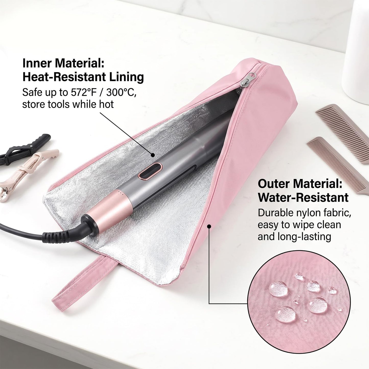 QFGasre Hair Tool Organizer Heat Resistant Hot Tools Holder & Mat Hair Tool Travel Bag Case Portable Hot Tools Organizer Cover Pouch for Curling Iron, Flat Iron, Hairs Straightener, Pink