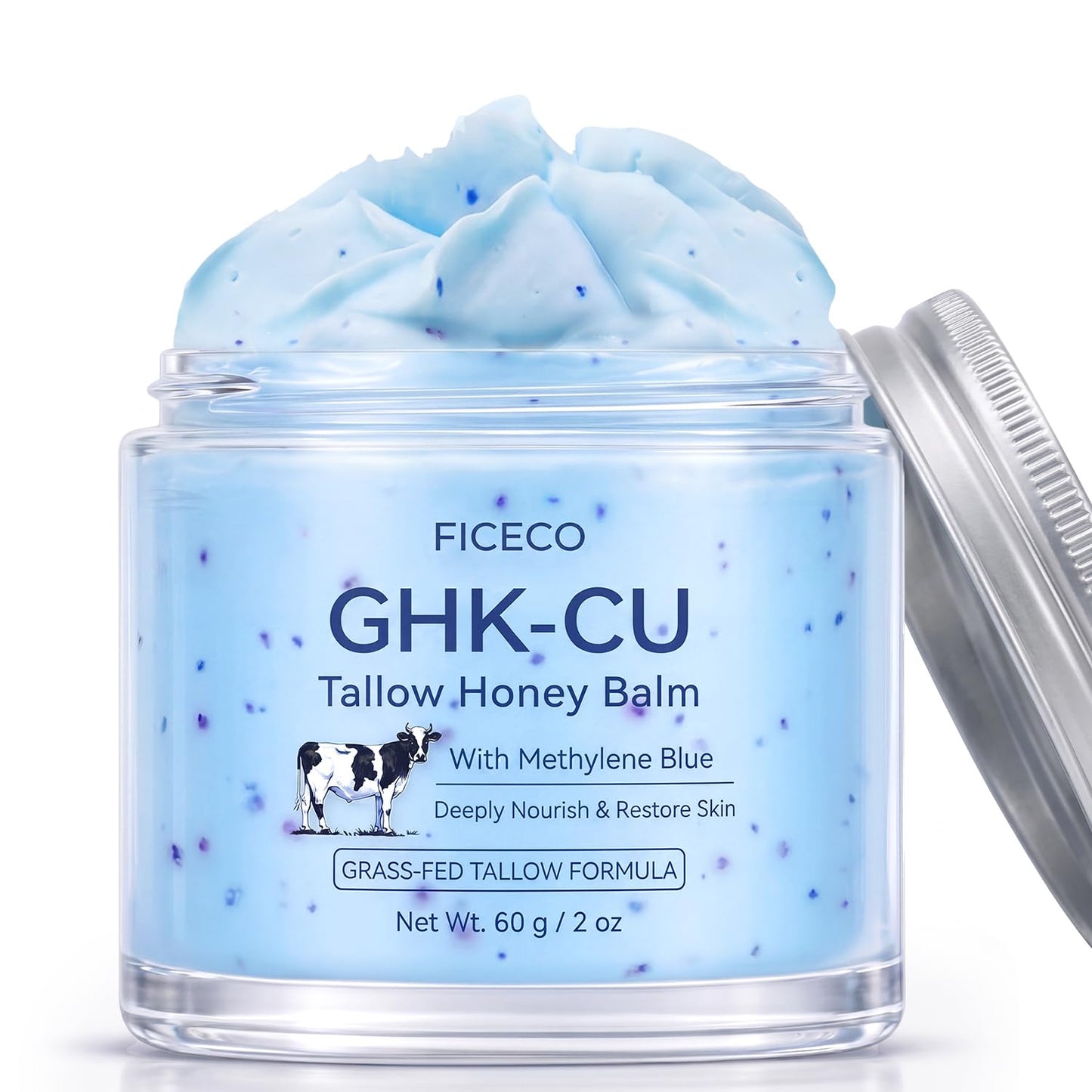 GHK-Cu Copper Peptide Beef Tallow for Face Skin,Grass-Fed Blue Balm with NAD+ Methylene Blue, Manuka Honey & Vitamin E, Deep Moisturizer for Face & Body, Mature, Dry & Sensitive Skin, 2 oz