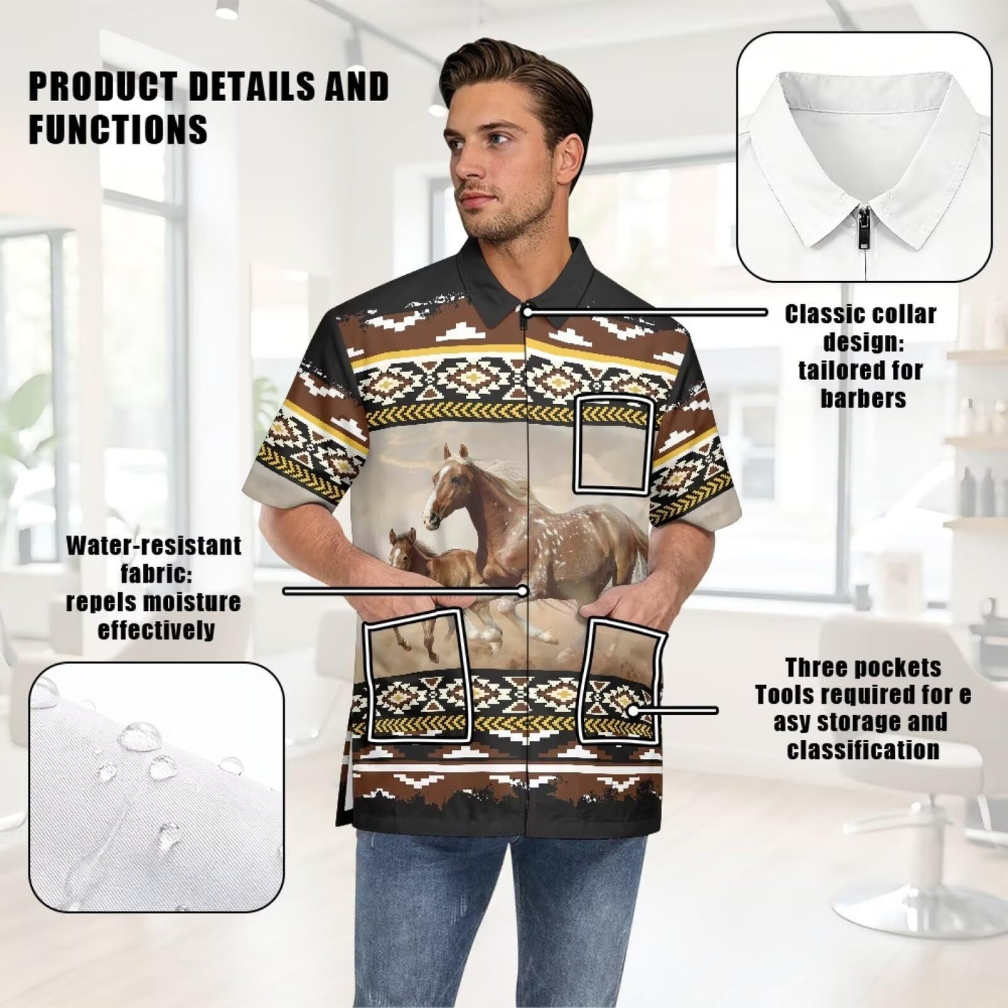 Srengjodk Black Waterproof Dog Grooming Smock Hair Stylist Apron For Women Men Anti-Static Professional Pet Groomer Smock Smock For Cosmetologist,Barber Horse Print L 2XL