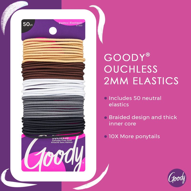 Ouchless Elastic Hair Ties - 50 Ct Assorted Neutrals | Pain-Free Rubber Bands for Long-Lasting Braids & Ponytails