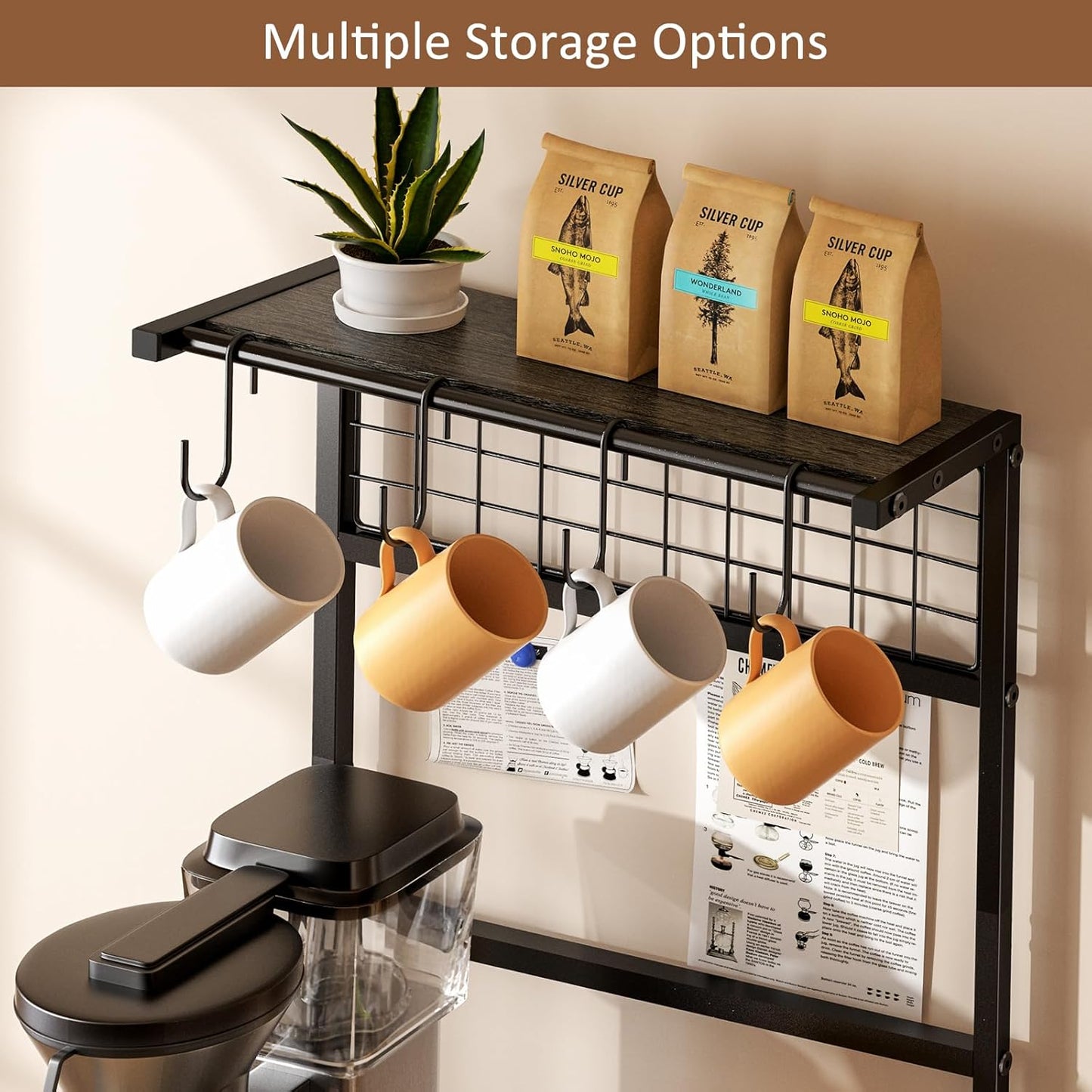 5 Tier Coffee Bar Station - Farmhouse Kitchen Stand with 4 S-Shaped Hooks | Compact Gray 13.43"D x 18.93"W x 53.31"H