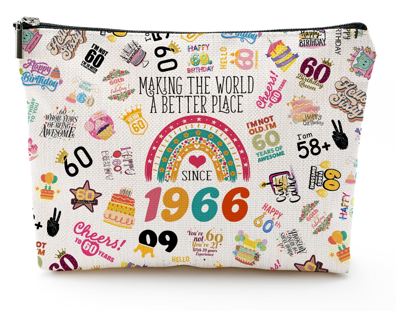NONETH 60th Birthday Gifts for Women Makeup Bag, Funny 1966 60 Year Old Birthday Decorations Gift Ideas for Grandma, Mom, Her, Wife, Cosmetic Travel Bag & Toiletry Pouch