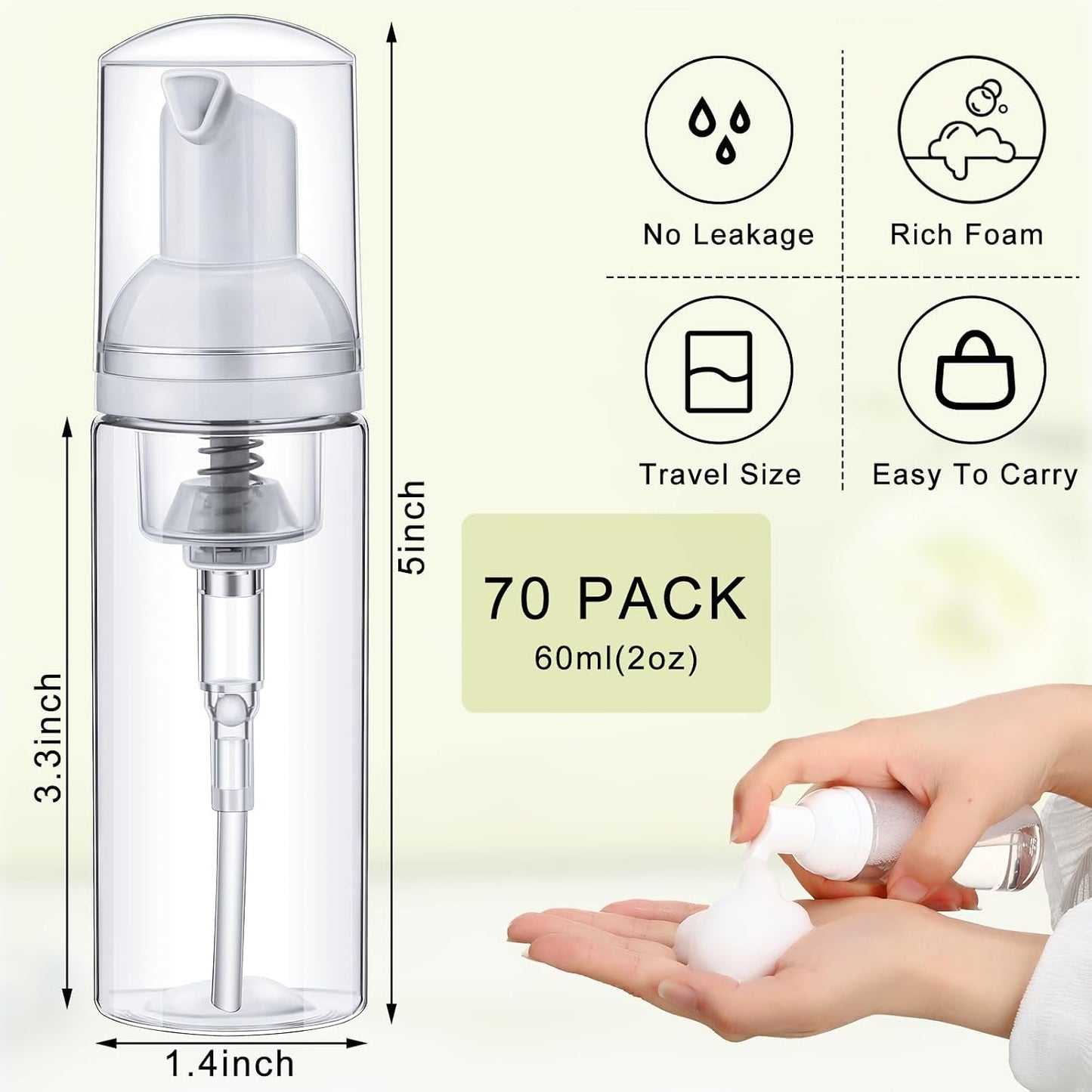 Plastic Foam Soap Dispensers - 70 Pcs Refillable 2 oz Lash Shampoo Bottles | Mini Travel Foam Dispenser (Transparent)